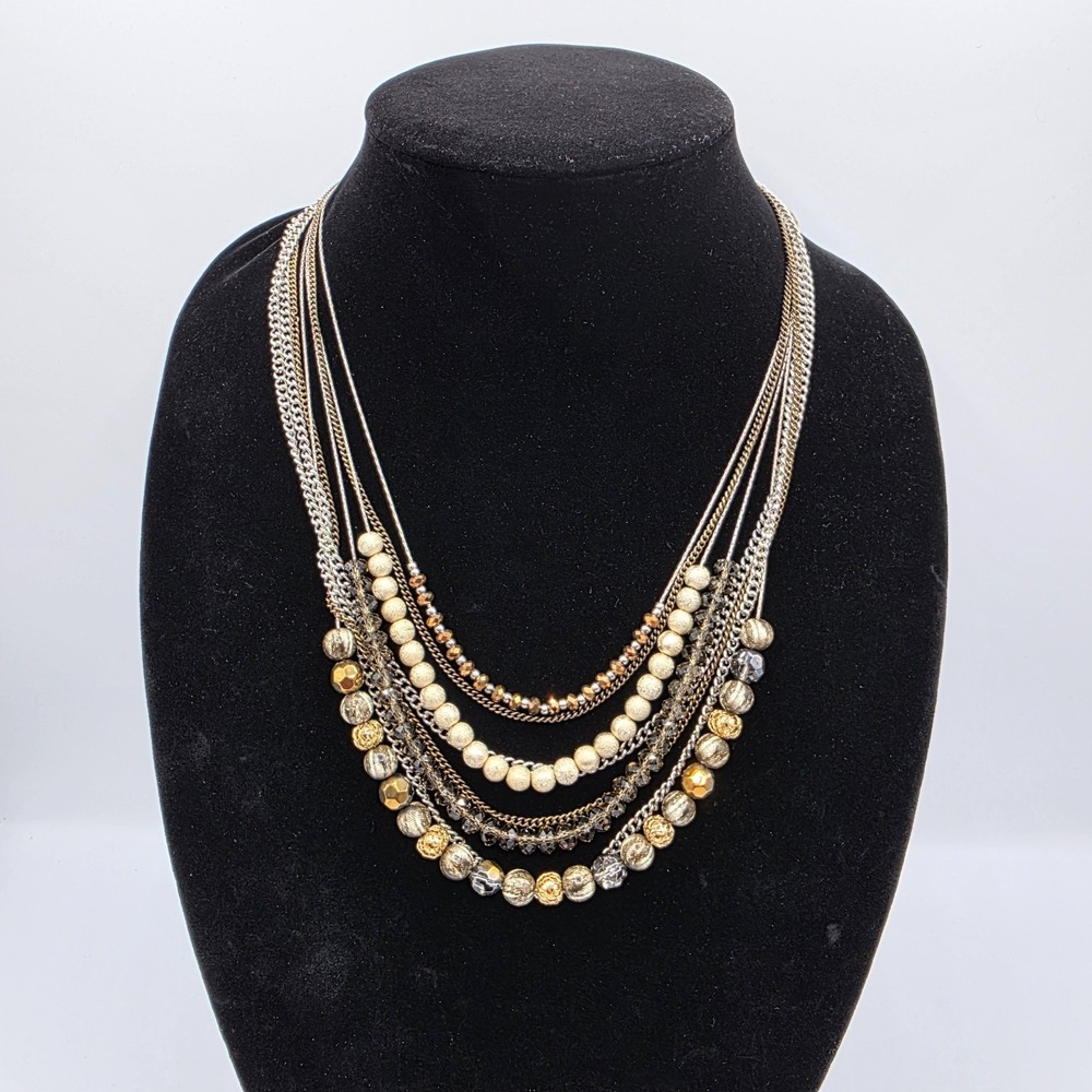 Kim Rogers Women Multi Strand Gold Tone Beige Silver Crystal Beaded Necklace 27"